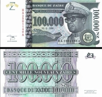 *100 000 Noveaux Zaires Zaire 1995, P77A UNC - Kliknutím na obrázok zatvorte -